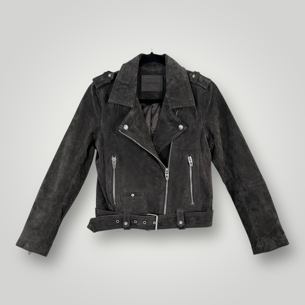 BLANKNYC Suede Moto Jacket Womens S Gray Leather Biker Belted Cropped Zip Pocket
